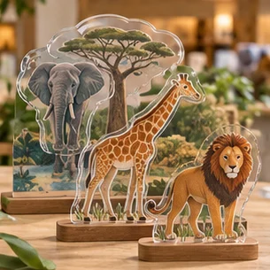 Layered acrylic wildlife pieces presented in an educational zoo retail context