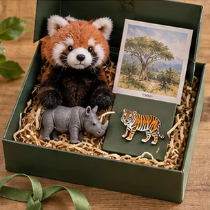 Zoo wildlife gift set with plush, pin, story card and small collectible