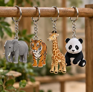 Coordinated wildlife keychains in a zoo shop setting