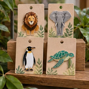 Animal enamel pin set presented on simple zoo retail backing cards