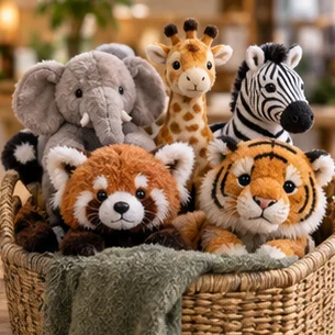 A coordinated assortment of realistic zoo animal plush for gift shop retail