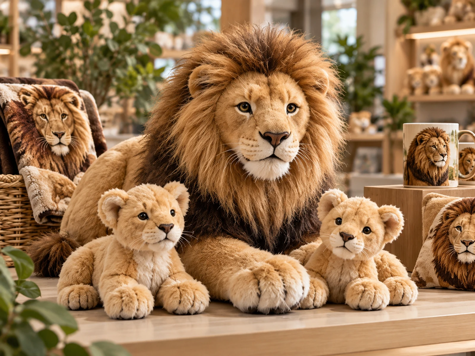 A flagship lion species expressed through coordinated plush and visitor-shop merchandise