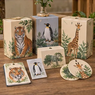 Zoo merchandise packaging with species backing cards, story inserts, hang tags and gift boxes