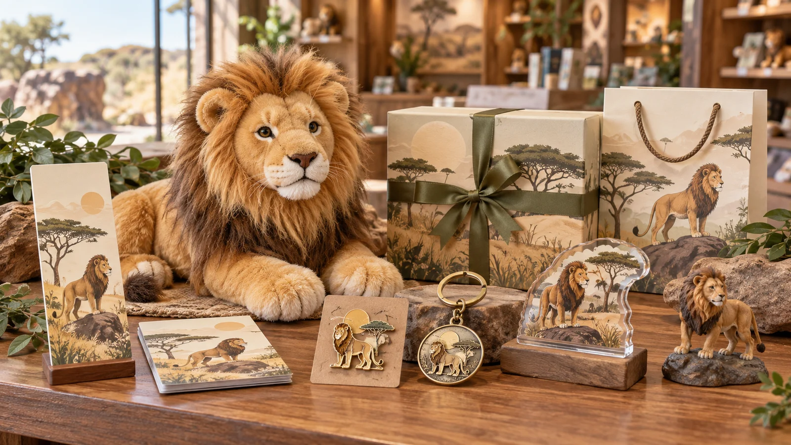 A coordinated zoo gift shop collection of animal plush, pin, keychain, magnet, acrylic piece, wildlife figure, educational card and gift packaging