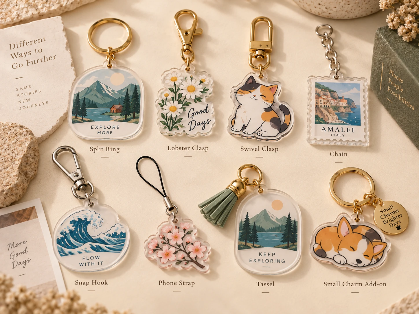 Acrylic keychain hardware and attachments