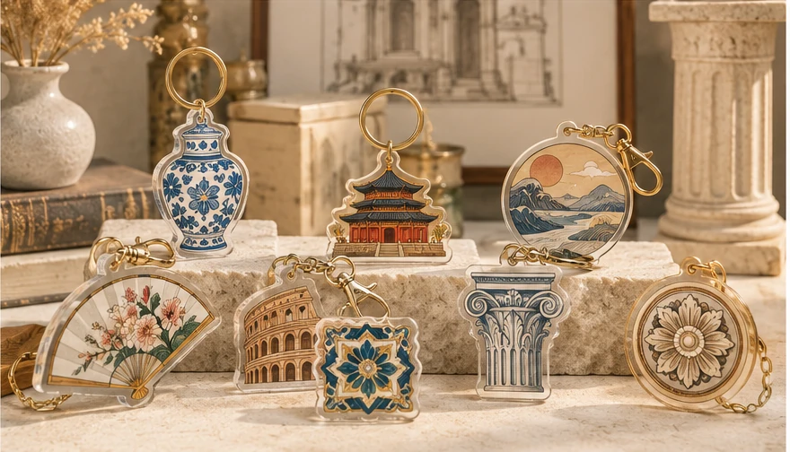 Museum and exhibition-inspired keychains presented as a coordinated retail collection