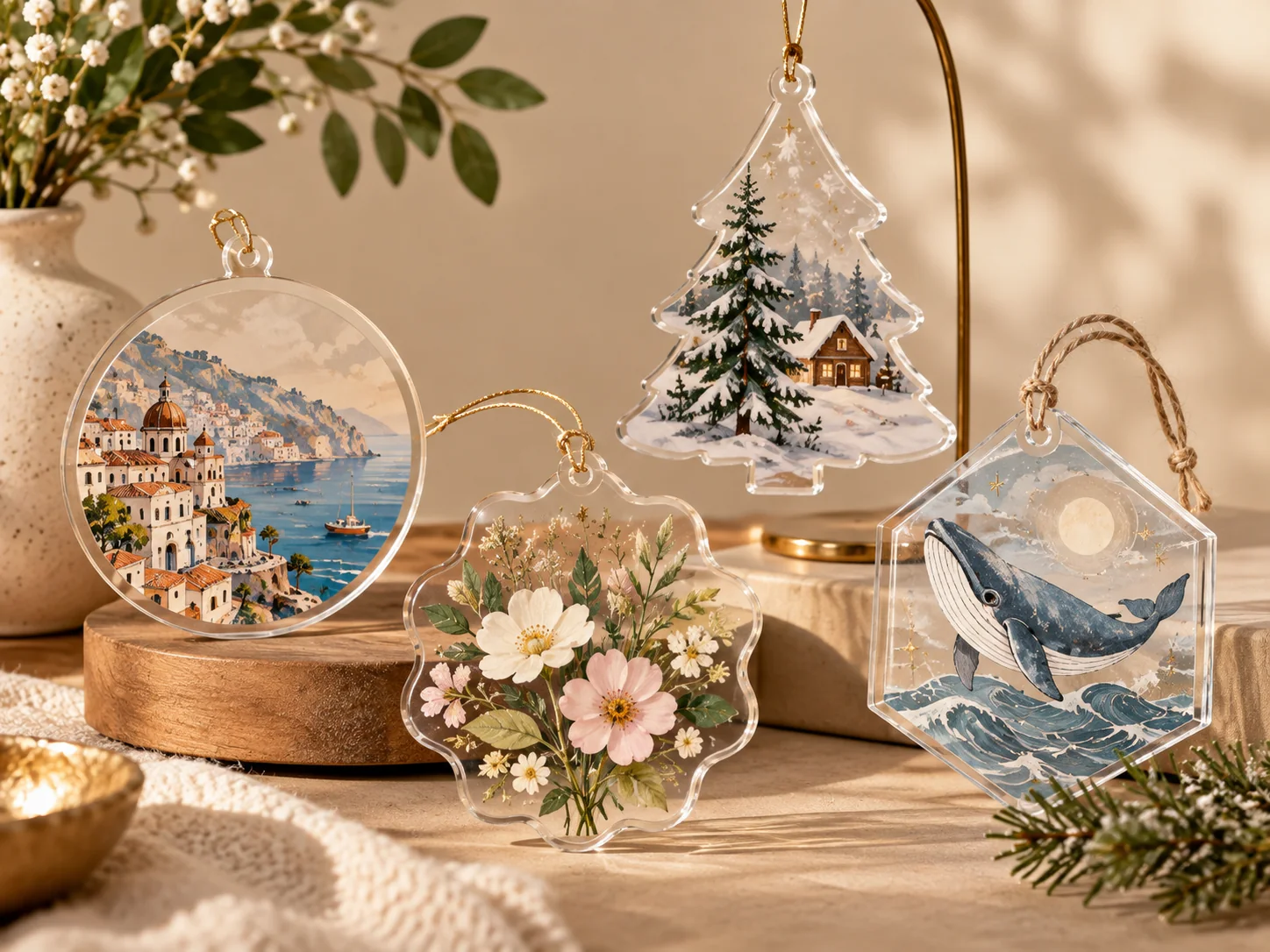 Custom acrylic ornaments in different shapes and artwork directions