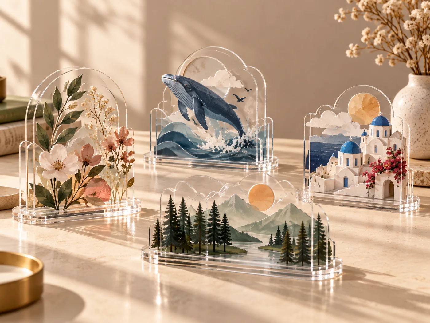 Layered acrylic standees with foreground and background depth