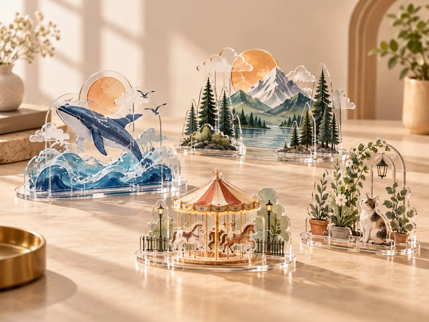 Multi-part acrylic displays with several elements sharing one base
