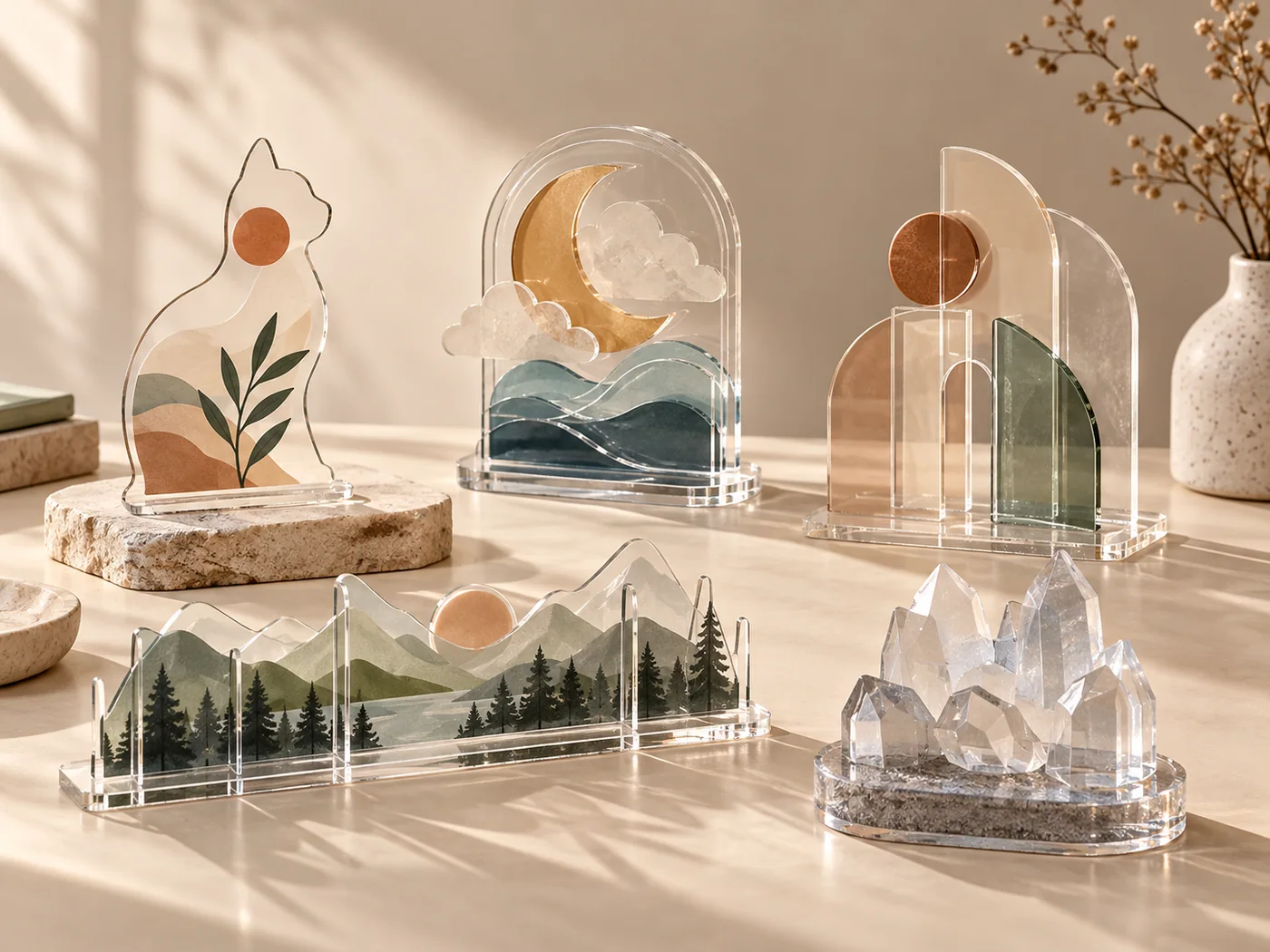 Single-piece acrylic standees with clear bases