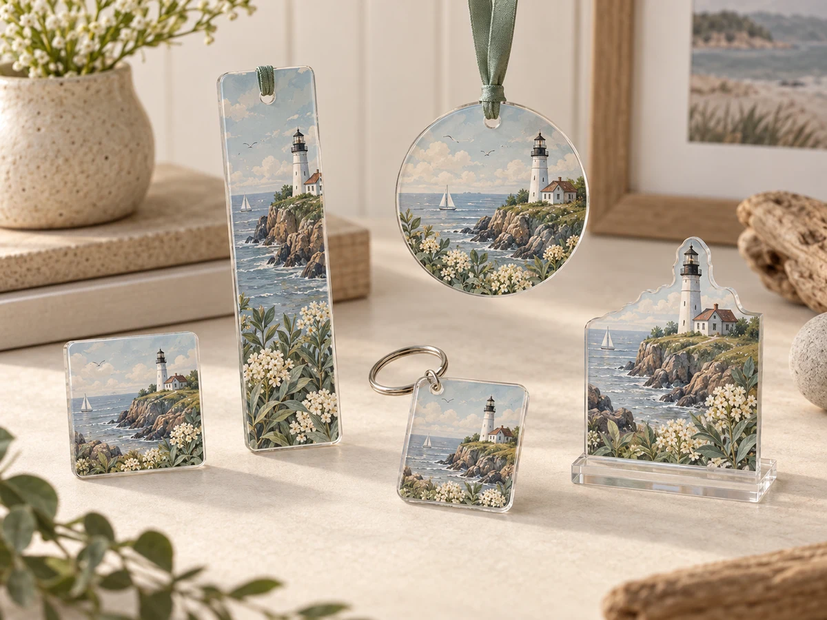 Coordinated acrylic magnet, keychain, bookmark, ornament and standee collection sharing one coastal theme