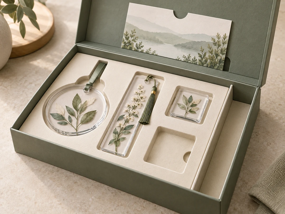 Internal acrylic gift set construction with fitted tray, product slots, divider and card placement
