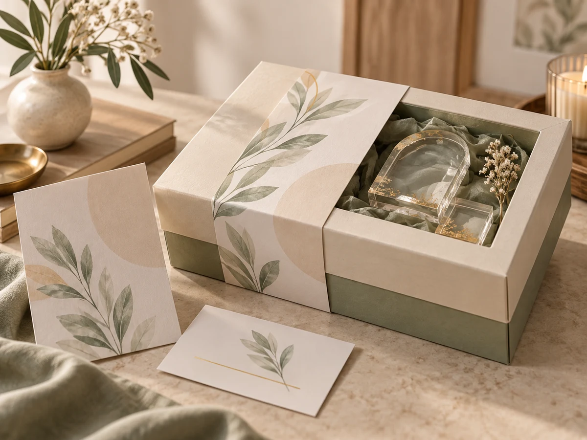 Finished retail-ready acrylic gift set with printed sleeve and story cards