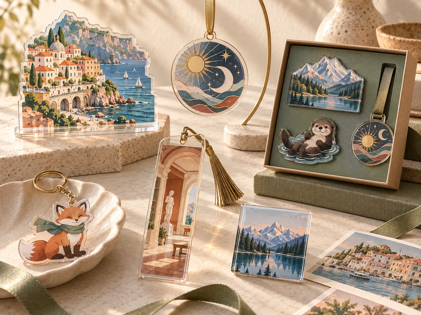 Layered acrylic merchandise arranged for display and gifting