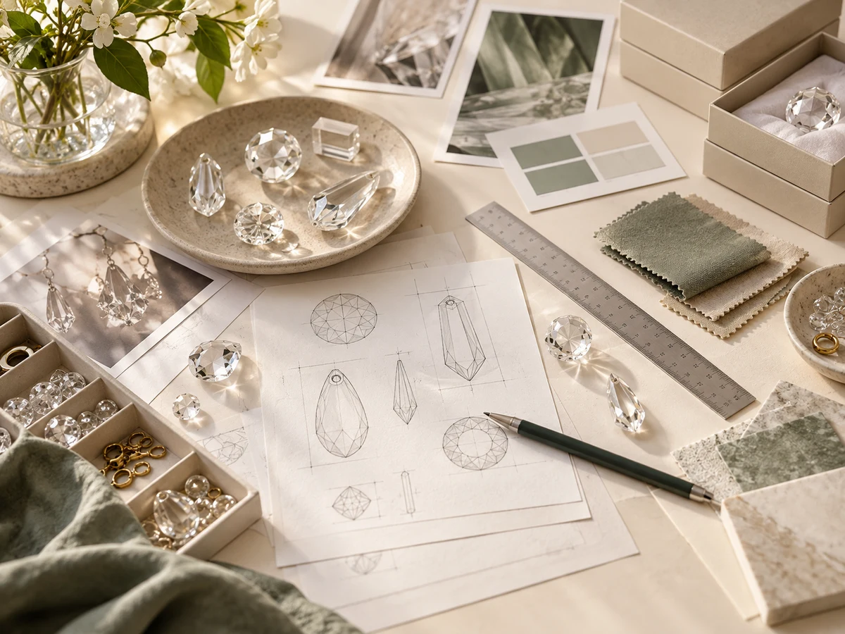 Crystal product development workspace with samples and packaging notes