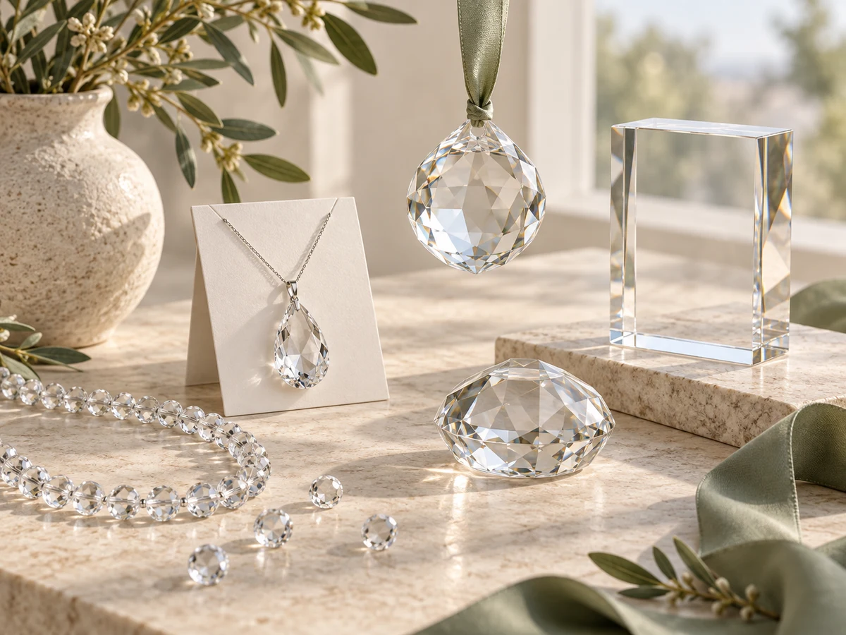Faceted crystal pieces, beads and decorative crystal forms for custom products