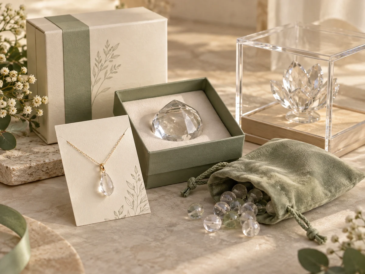 Crystal gift and jewelry packaging presentation with boxes, pouches and cards