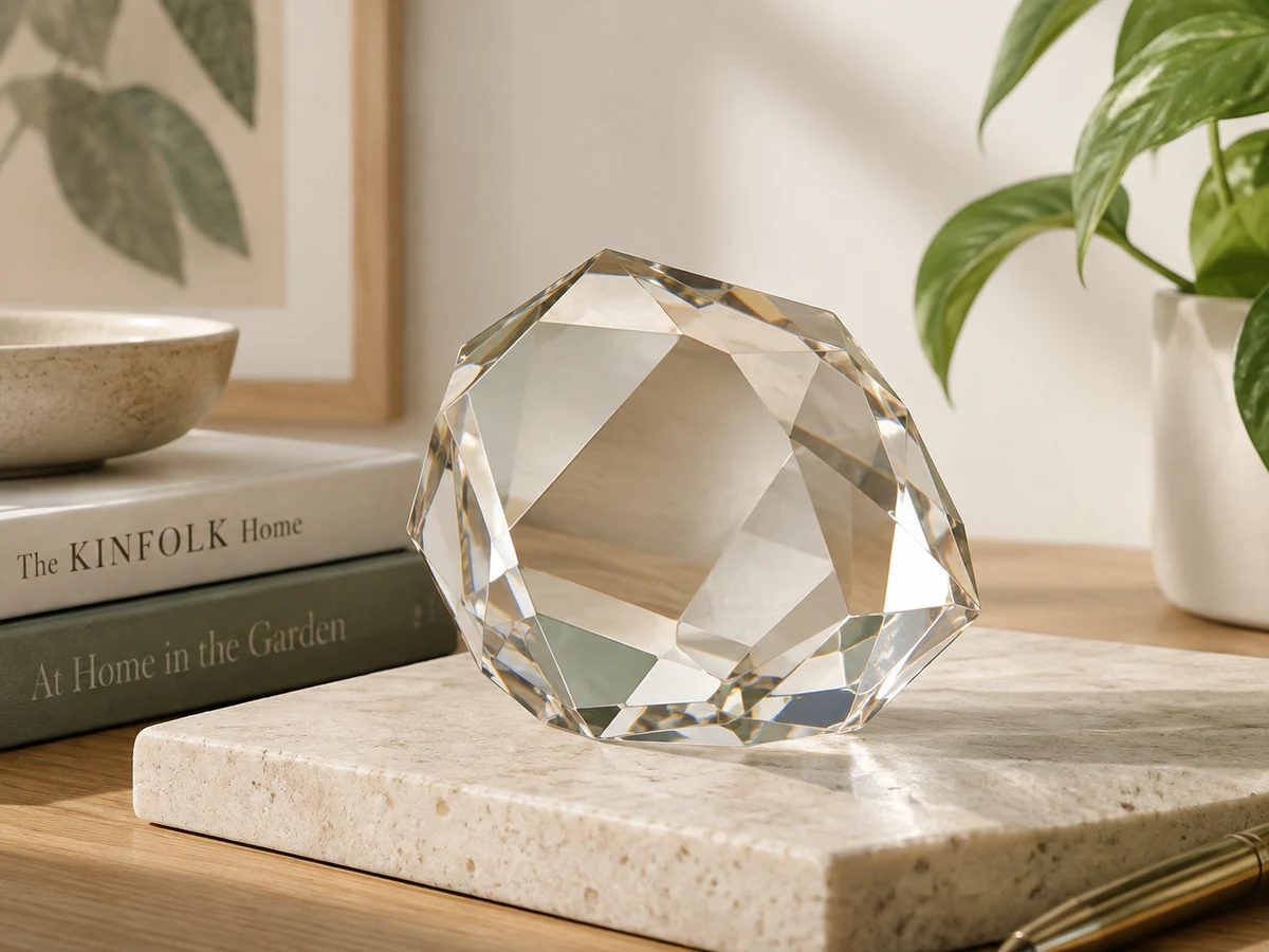 Crystal paperweight and sculptural desk objects