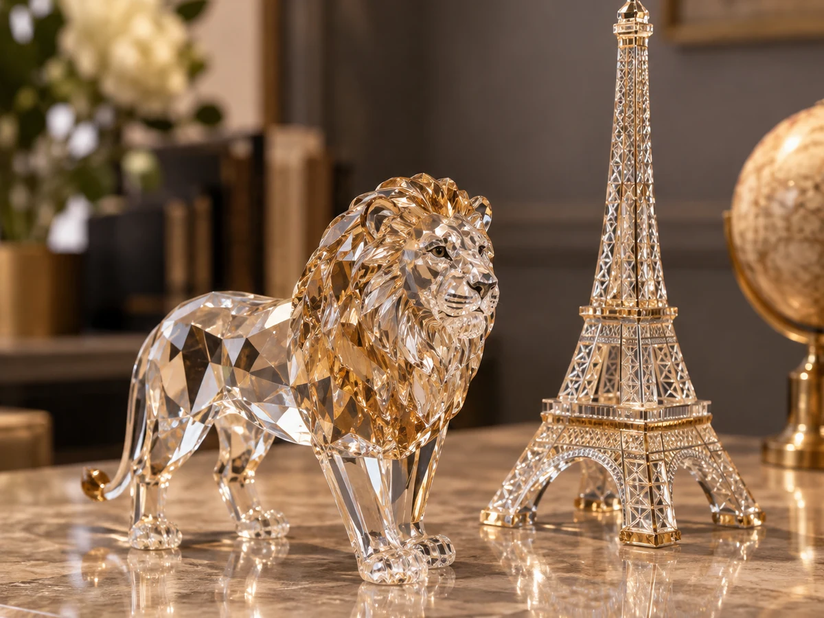 Crystal animal figurine and landmark sculptural pieces