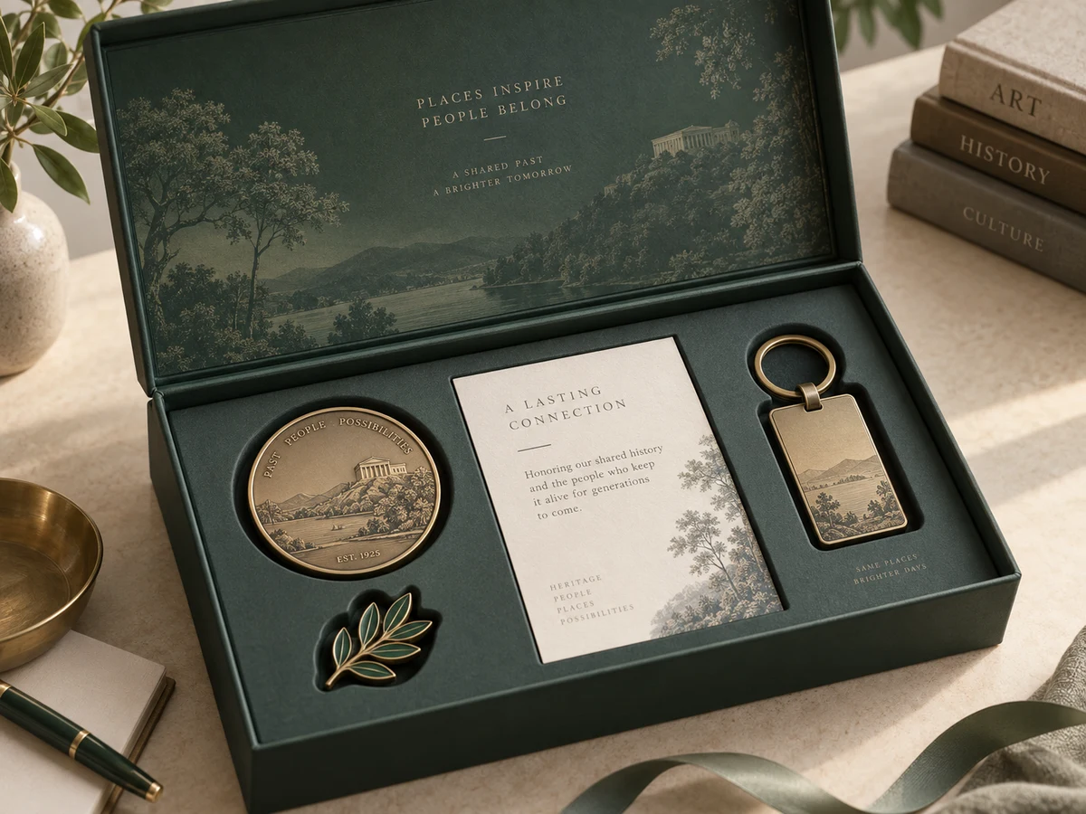 Corporate commemorative gift set with coin, badge, keychain and presentation story card
