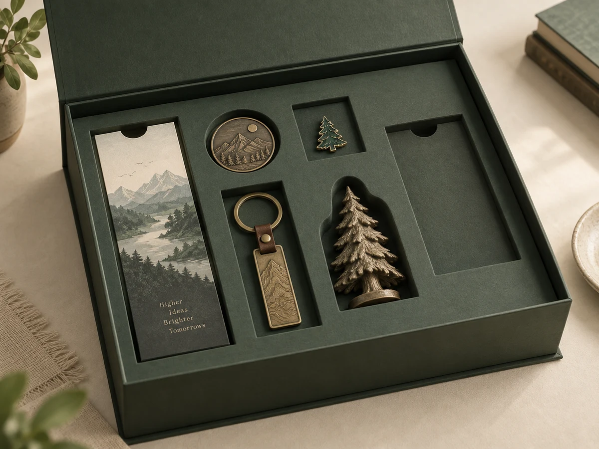 Mixed-format gift set fitted tray with coin, pin, keychain, bookmark, ornament and empty compartments