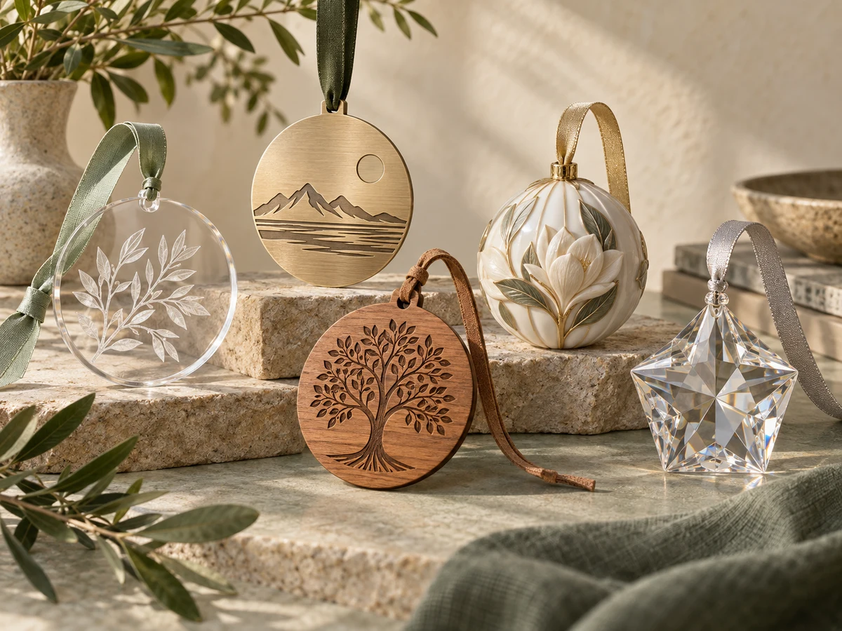 Custom ornaments across acrylic, metal, wood, resin and crystal materials