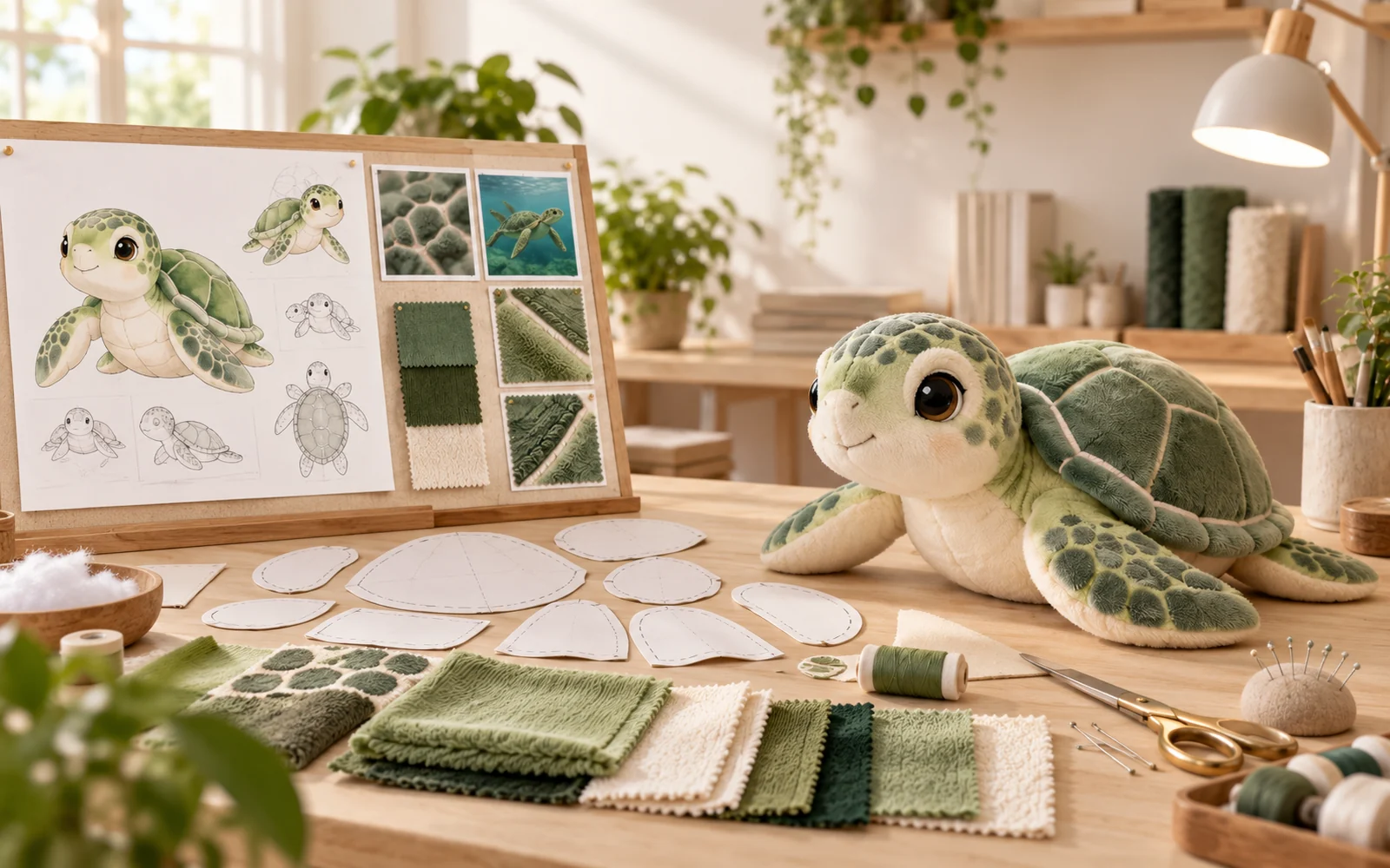 Character artwork translated through pattern fabric sampling and prototype development into a custom plush toy
