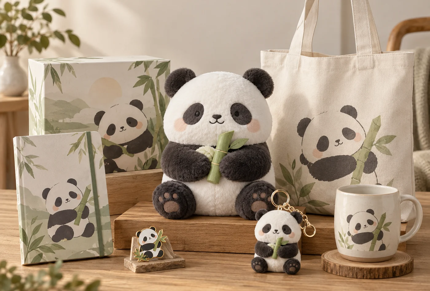 Original panda character developed into plush keychain pin notebook tote bag mug and coordinated merchandise collection