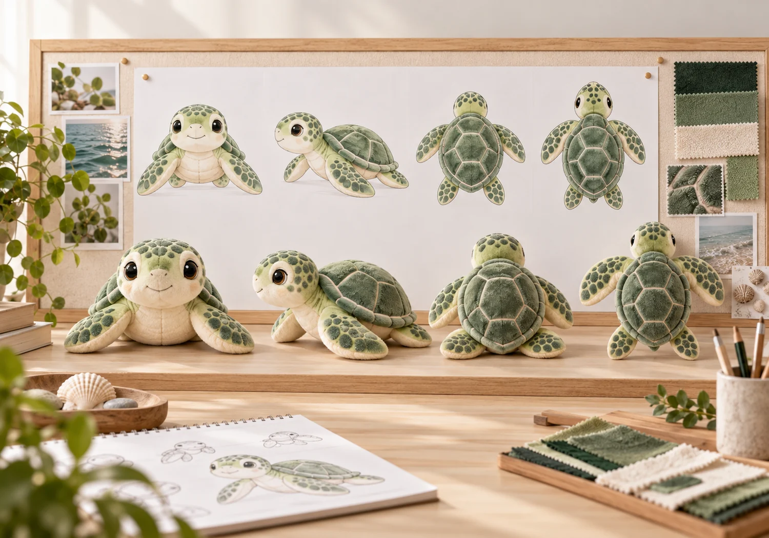 Character reference artwork compared with front side and back views of a finished custom plush toy