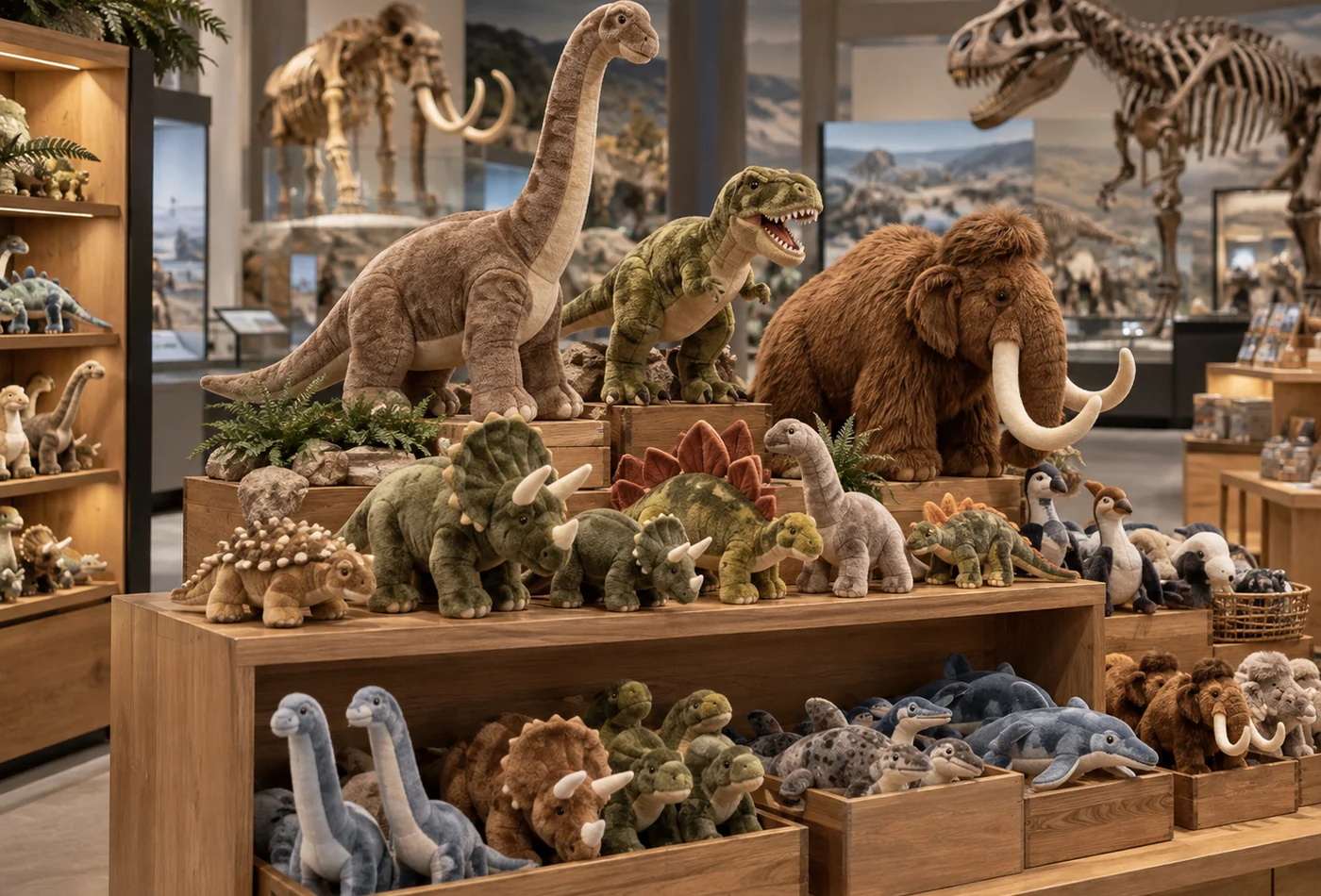 Custom dinosaur mammoth and prehistoric animal plush displayed in a museum and attraction gift shop