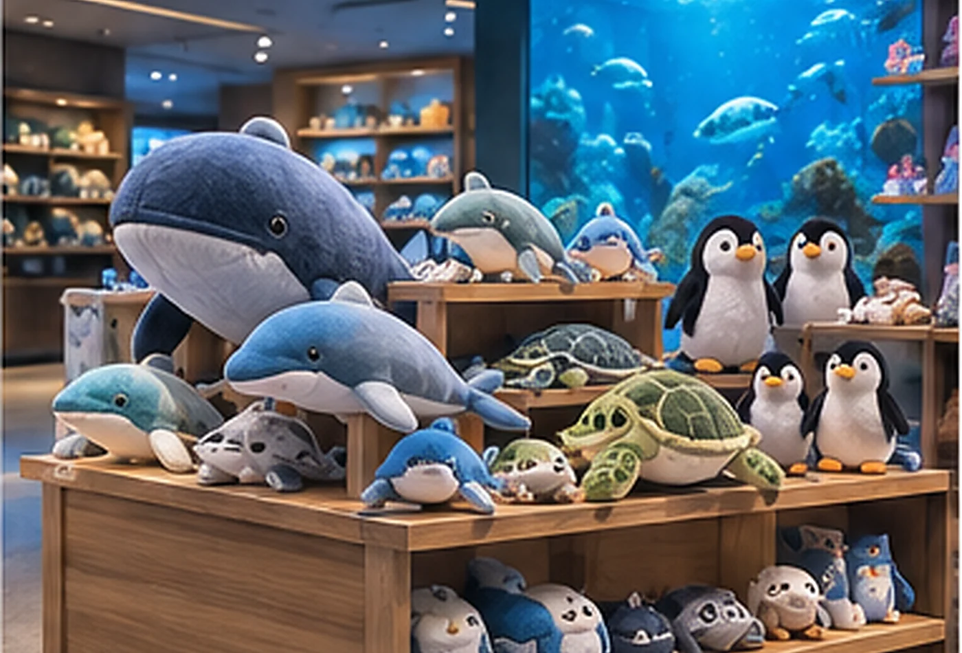 Custom plush merchandise for zoos and aquariums with marine animal plush in a retail gift shop display